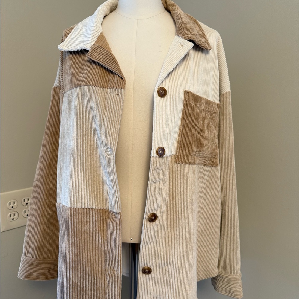 Corduroy Patchwork Shacket in Brown and Cream